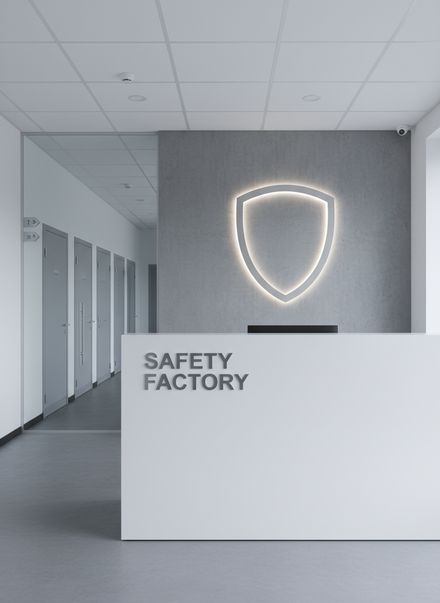An immaculate office reception area for a security company, featuring a large matte-white reception desk with the words “SAFETY FACTORY” in brushed metal letters on the front. Behind the desk, a textured concrete wall displays a discreet shield-shaped security icon backlit with soft white LED glow. On one side, a glass partition reveals a corridor with uniform grey doors and subtle wayfinding signs. Neutral tones dominate: cool greys, white, and hints of steel blue. Diffused daylight enters from an unseen window, balanced with soft ceiling lighting, creating a calm, trustworthy atmosphere. Captured from a slightly elevated angle with balanced composition and photographic realism, conveying professionalism and order.