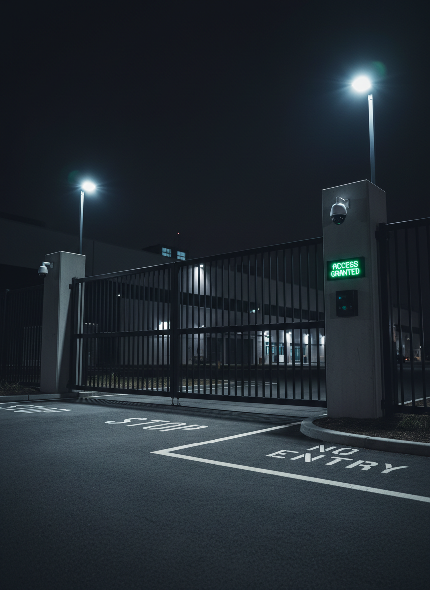 A secure industrial facility entrance gate at night, constructed from heavy-duty matte-black steel bars with a smooth, precise finish, integrated with an electronic access control panel showing a green “Access Granted” indicator. The gate is flanked by clean concrete pillars with discrete, modern surveillance cameras mounted high, their lenses reflecting ambient light. The ground is an even asphalt surface marked with crisp white security lines. Focused, cool-toned LED floodlights cast sharp but controlled shadows, highlighting the gate’s structure while leaving the background in subtle darkness. Shot from a low angle for a confident, corporate feel, with strong linear perspective and photographic realism emphasizing reliability and protection of premises.