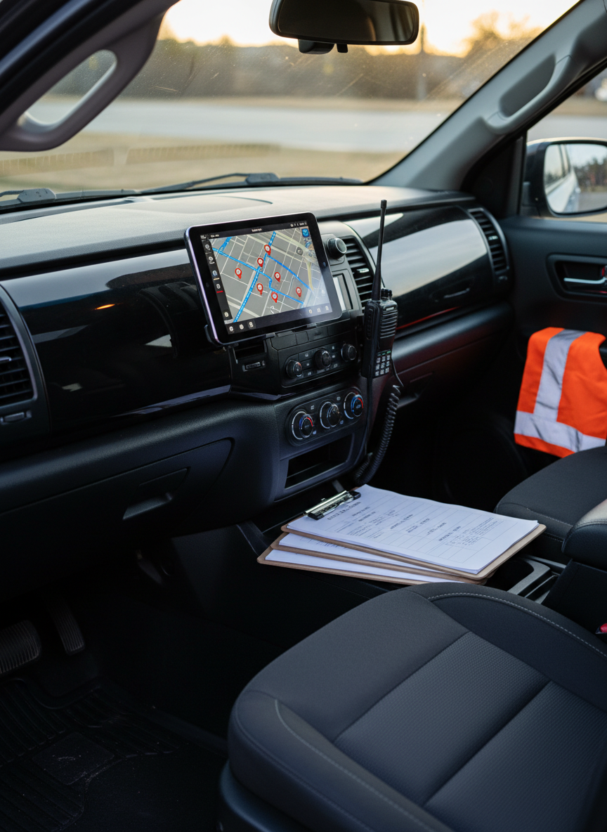 An organized security patrol vehicle interior, photographed from the open front passenger door. A spotless black dashboard holds a mounted tablet displaying a digital map of patrol rounds and checkpoint icons. A professional two-way radio with a coiled cable is secured to the central console, next to an orderly row of labeled clipboard reports. The upholstery is dark grey fabric with precise stitching, and the door panel holds a reflective safety vest neatly folded. Early evening light filters through the windshield, combined with soft interior dashboard illumination, creating a focused, operational mood. Captured at a three-quarter angle with shallow depth of field, the composition highlights tools and technology, in a clean, corporate photographic style.
